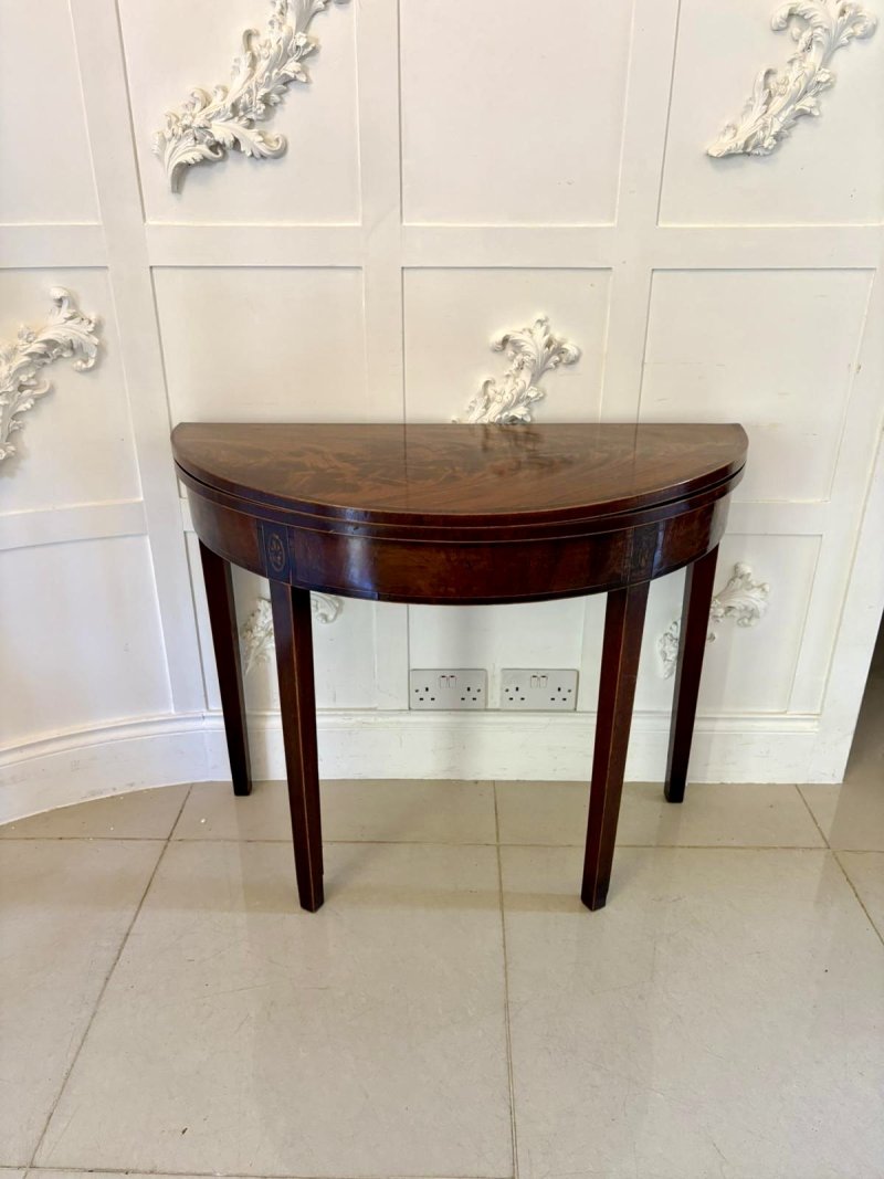 Antique George III Quality Mahogany Inlaid Demi Lune Shaped Card/Console Table